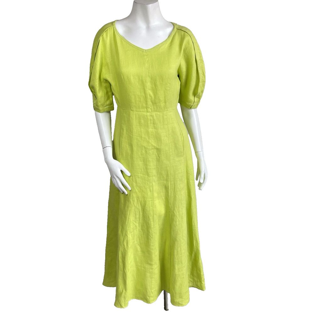Mara Hoffman Women's Sicily Citrus Green Linen Hemp Midi Dress 8 Resort Vacation
